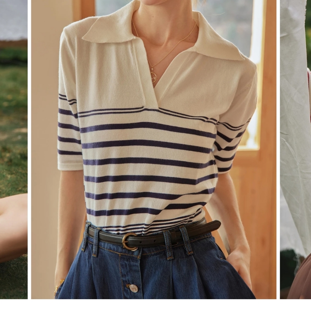 Simple Retro stripe polo knit top